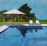 Backyard Pool with Umbrella and Two Chairs