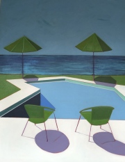 Pool with Two chairs and Green Umbrellas