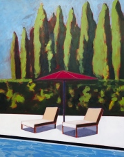 Red Umbrella & Pool with Cypress Trees